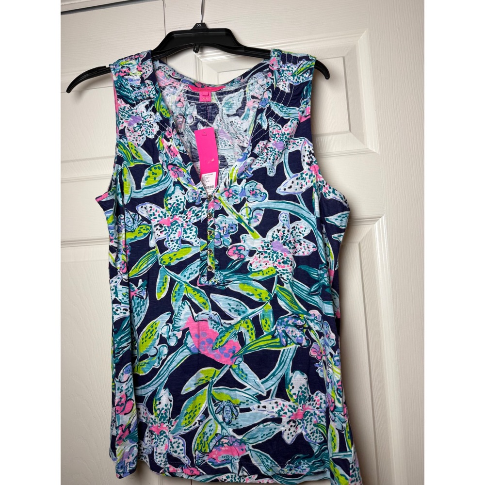 Lilly Pulitzer Essie Top Bright Navy Sway This Way Floral Henley Tank NWT L